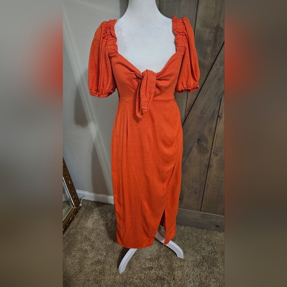 LUSH Orange/Red Linen Blend Front Tie Short Puff Sleeve Front Midi Dress.Size S - Picture 6 of 16